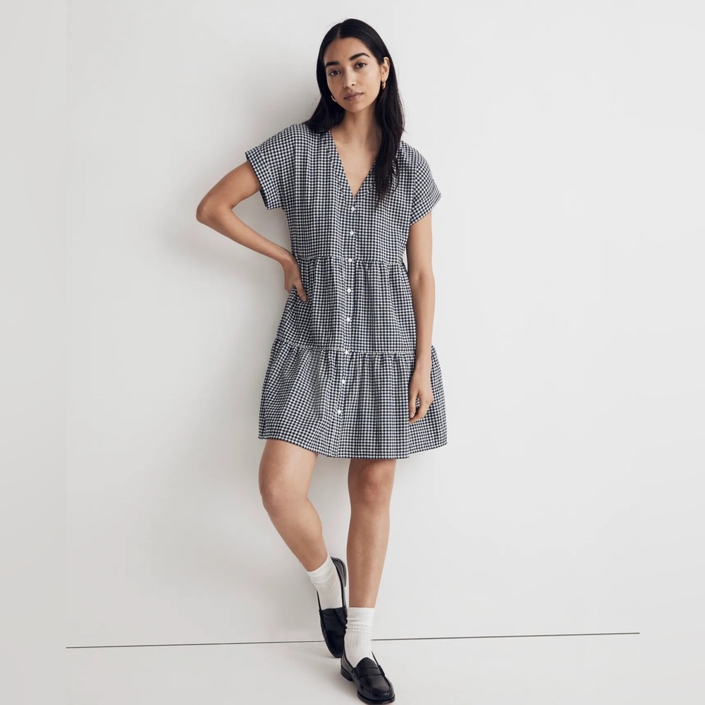 Cuff-Sleeve Button-Front Tiered Mini Dress in Gingham Check‎ Sz XS